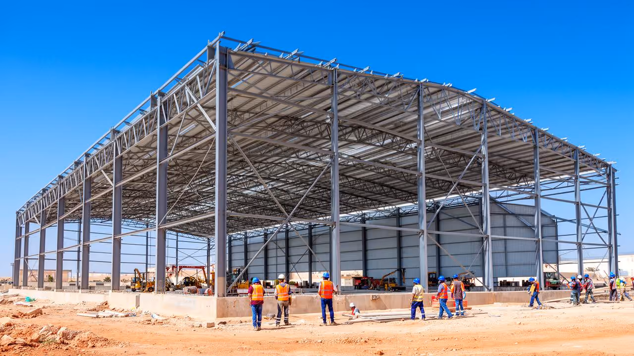 Hangar industriel à structure métallique en montage